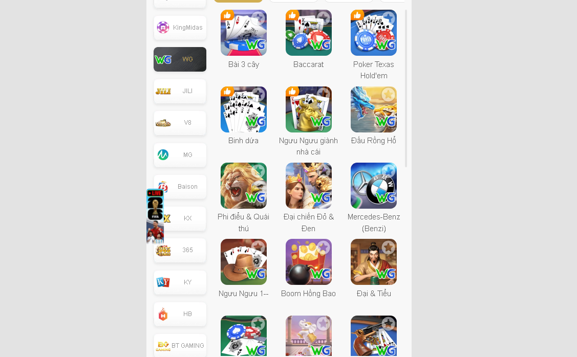 Các tựa game bài WG trên nhà cái AF88