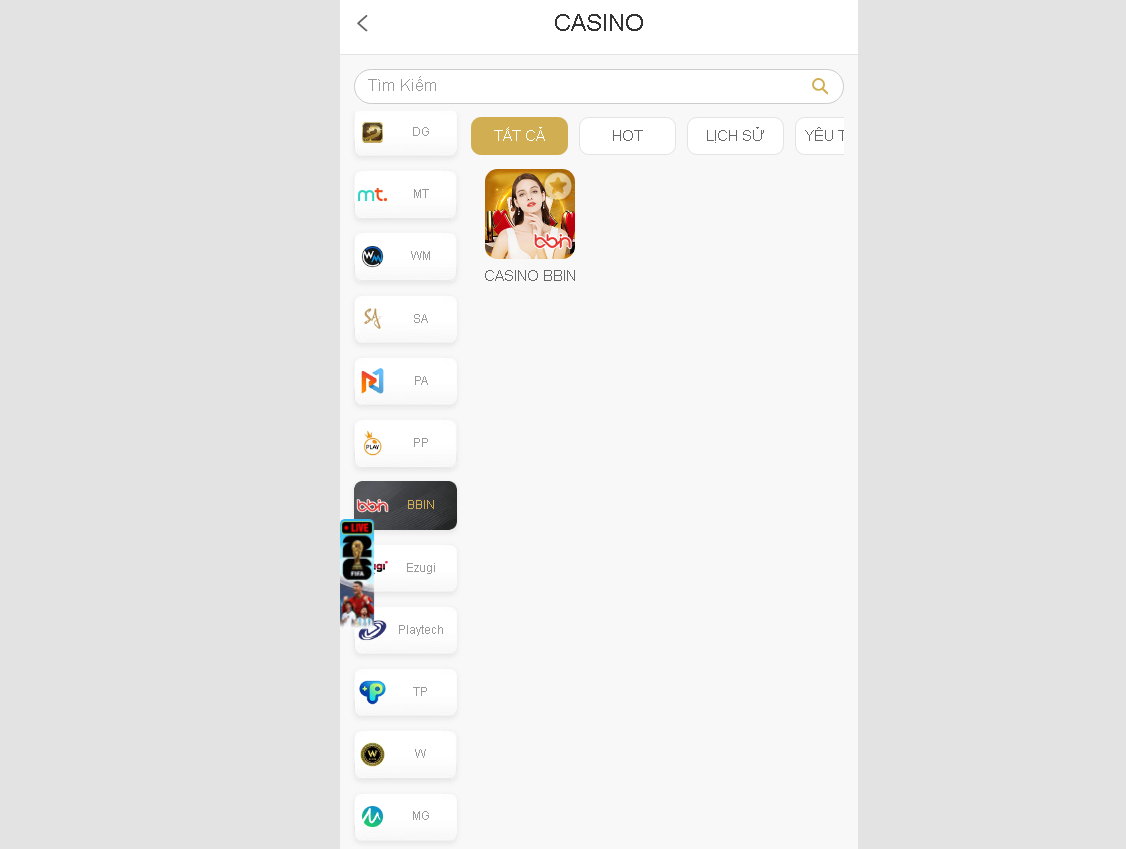 Giao diện chọn phòng cược live casino tại BBIN Casino