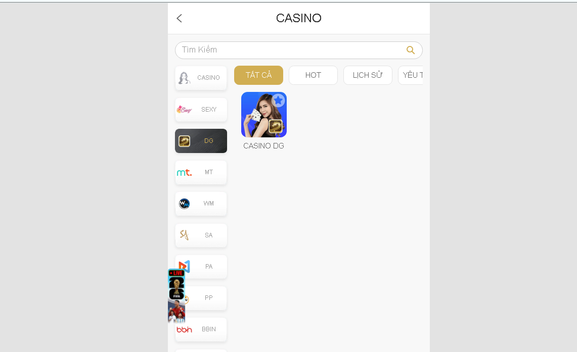Giao diện chọn phòng cược live casino tại DG - Dream Gaming Casino