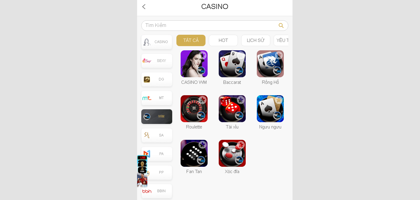 Giao diện chọn phòng cược live casino tại WM Casino